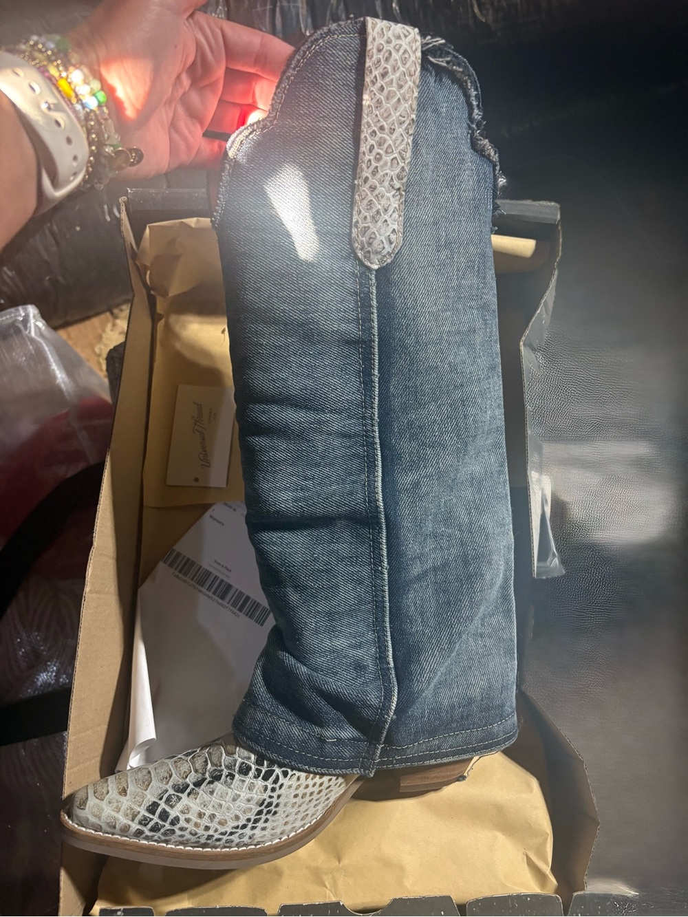 dingo Denim-look Cowboy Boots with Snakeskin Toe - Blue